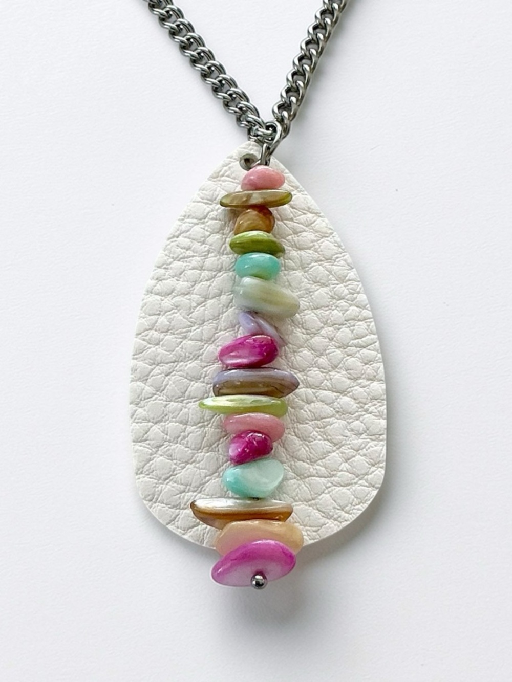 🆕 Gemstones and Faux Leather Pendant Necklace-Stainless Steel